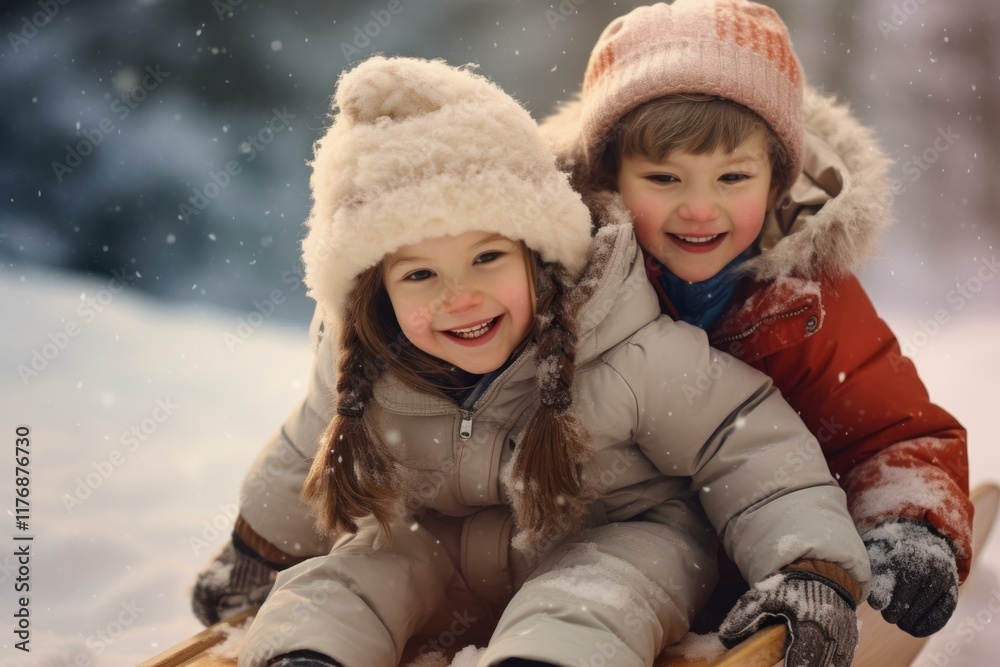 Two smiling children are enjoying a sled ride together in a snowy winter forest Two smiling children are enjoying a sled ride together in a snowy winter forest
