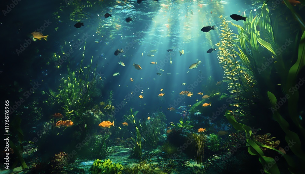 Fototapeta premium Vibrant underwater scene with colorful fish swimming amidst lush aquatic plants and coral. Perfect for aquarium, nature, or marine life themes.