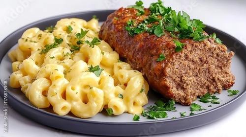 A plate featuring meatloaf and macaroni and cheese garnished with herbs.