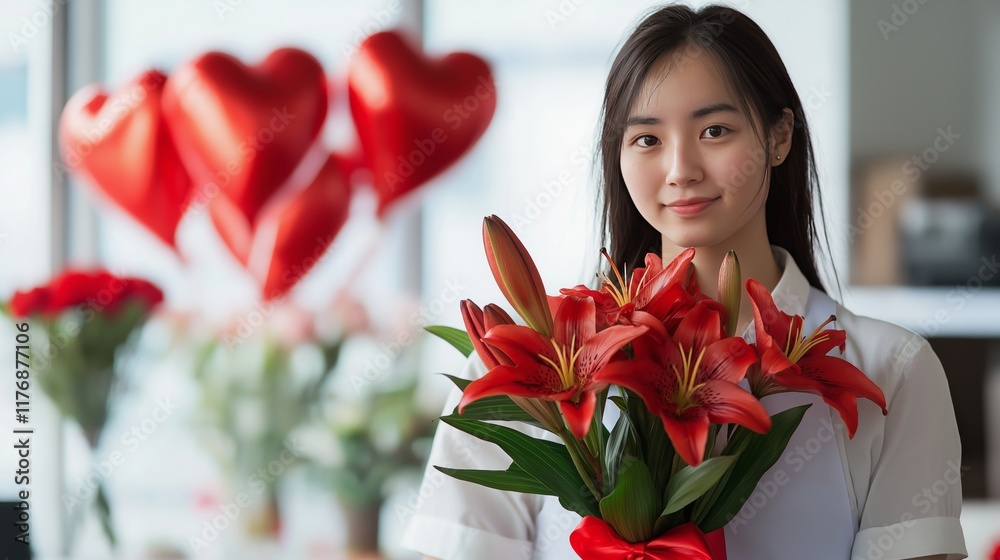 In a cheerful setting adorned with heart-shaped balloons, a young woman beams while holding a bouquet of striking red lilies, embodying the spirit of celebration and affection. In a cheerful setting adorned with heart-shaped balloons, a young woman beams while holding a bouquet of striking red lilies, embodying the spirit of celebration and affection.