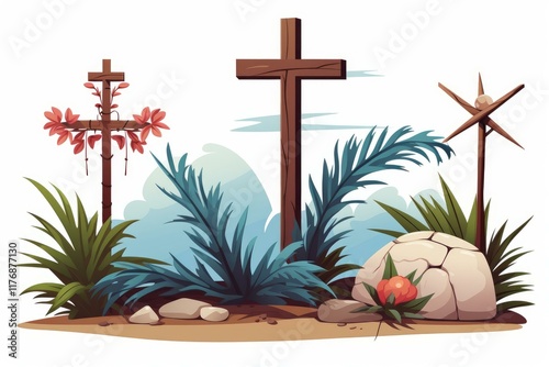 Three wooden crosses rise from a bed of tropical vegetation, creating a scene reminiscent of easter island photo