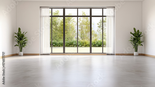 Minimalistic workspace with large windows and indoor plants, creating serene atmosphere