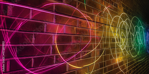 Urban Neon Resonance: A Futuristic Symphony of Vibrant Circles and Pulsating Lights Against a Brick Alleyway Canvas