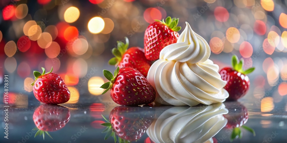 Delicious Whipped Frozen Yogurt & Strawberries on Mirror - Close Up Stock Photo Delicious Whipped Frozen Yogurt & Strawberries on Mirror - Close Up Stock Photo
