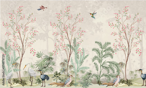 blossom tree With sparrow, finches, butterflies, dragonflies. Seamless pattern, background. Vector illustration. Chinoiserie, traditional oriental botanical motif.