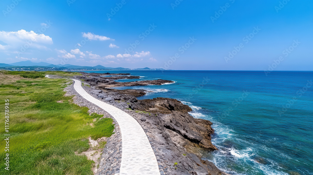 stunning coastline with winding path along rocky shores and clear blue waters