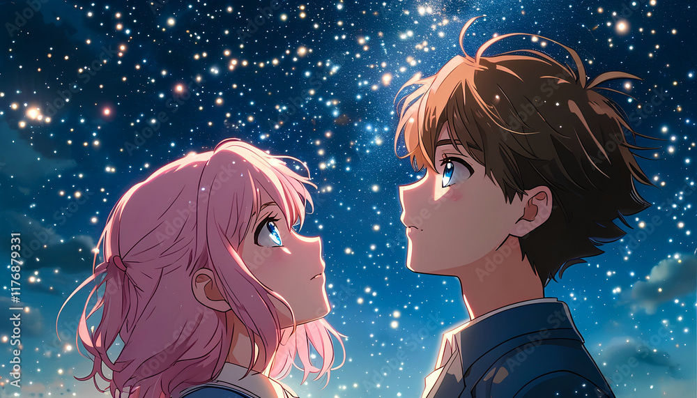 Romantic anime illustration of a teenage couple, a young boy and girl under a starry night sky. The couple is drawn in a distinctive anime style with large expressive eyes and detailed hair.