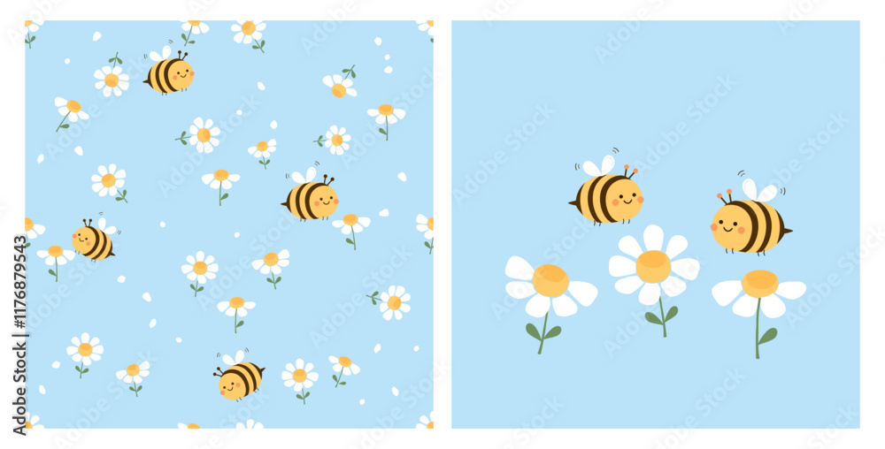 Seamless pattern with daisy garden and bee cartoons on blue background. daisy icon set and cute bees vector.