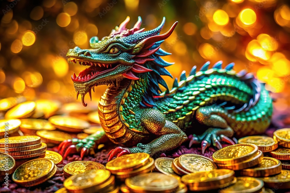 Fototapeta premium Fierce Dragon on Golden Treasure - Long Exposure Fantasy Stock Photo