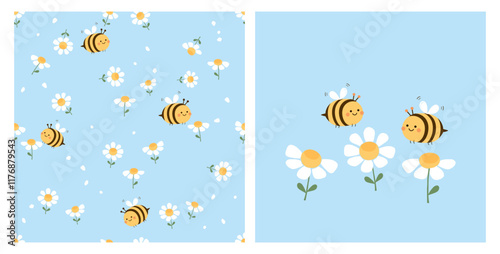Seamless pattern with daisy garden and bee cartoons on blue background. daisy icon set and cute bees vector.
