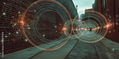 Digital Portals in an Urban Alley: A Futuristic Intersection of Glowing Rings and Neon Light Pathways Illuminating the Hidden Corners of Modern Cityscapes