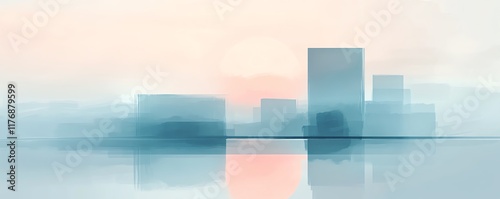 Serene watercolor cityscape at sunset. Soft colors, peaceful mood. Ideal for home decor, travel, or city themes. photo