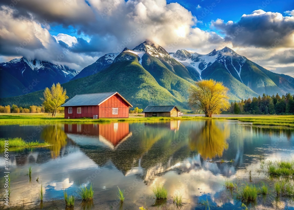 Fototapeta premium Flooded Pemberton Farmland Reflecting Mountains - Dramatic Canadian Landscape