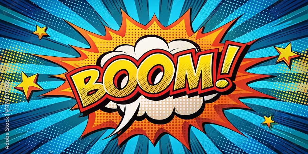 Fototapeta premium Double Exposure Comic Book Speech Bubble BOOM - Retro Pop Art Stock Photo