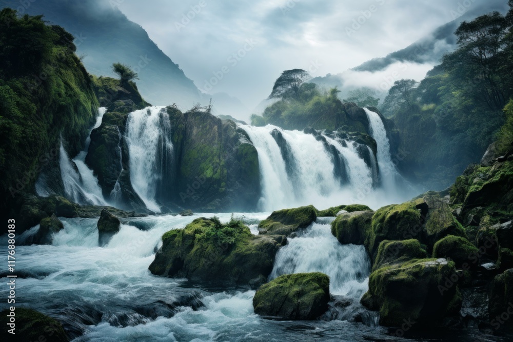 Waterfalls cascading down mossy rocks in a misty mountain valley, creating a breathtaking natural landscape