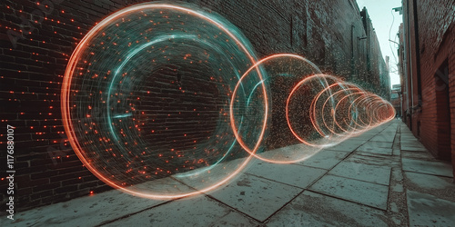 Digital Portals in an Urban Alley: A Futuristic Intersection of Glowing Rings and Neon Light Pathways Illuminating the Hidden Corners of Modern Cityscapes