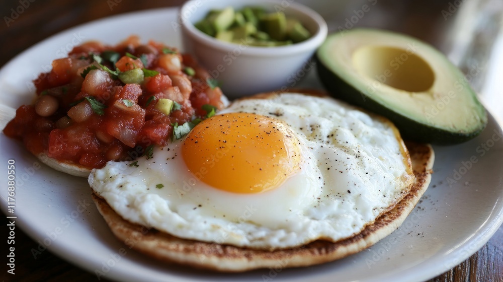 A Mexican breakfast featuring huevos rancheros with salsa, avocado, and a side of beans. A Mexican breakfast featuring huevos rancheros with salsa, avocado, and a side of beans.