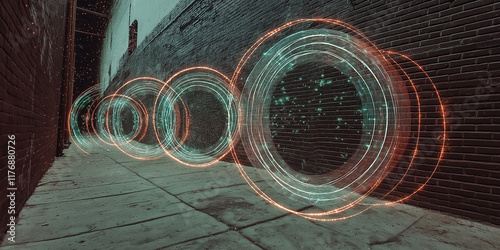 Digital Portals in an Urban Alley: A Futuristic Intersection of Glowing Rings and Neon Light Pathways Illuminating the Hidden Corners of Modern Cityscapes