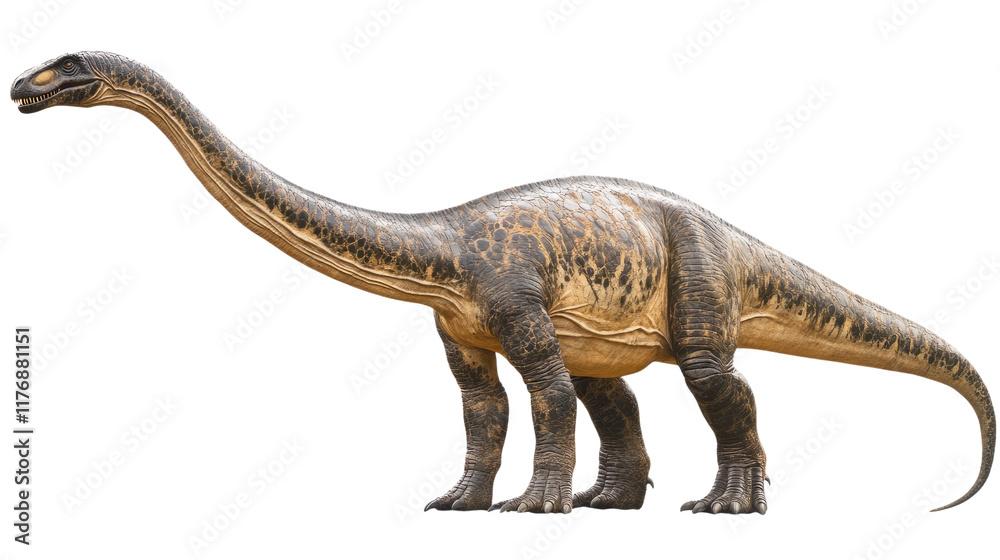 Fototapeta premium Brachiosaurus: A Majestic Giant: An imposing Brachiosaurus stands tall, its long neck reaching for the sky, showcasing the awe-inspiring grandeur of prehistoric life. 