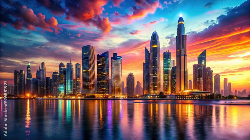 Obraz premium Futuristic Ocean City Sunset: Neon Skyscrapers & Coastal Metropolis