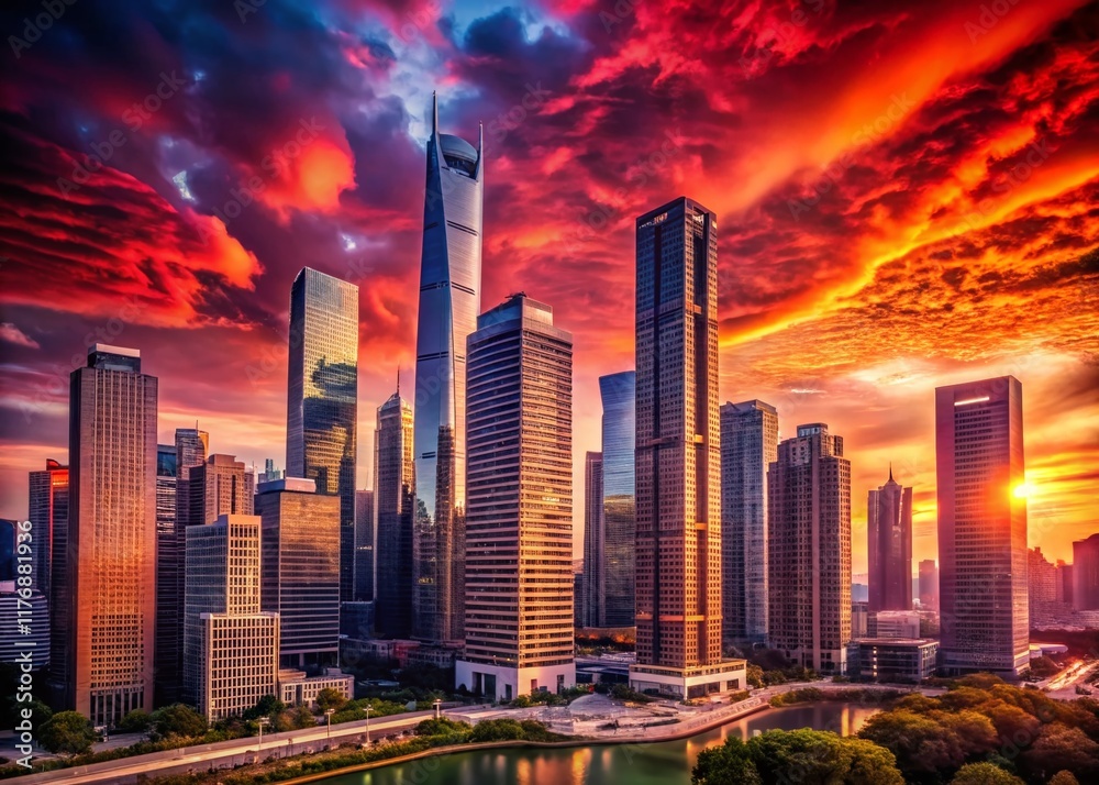 Fototapeta premium Dramatic Red Sky over Modern City Architecture - Stunning Sunset