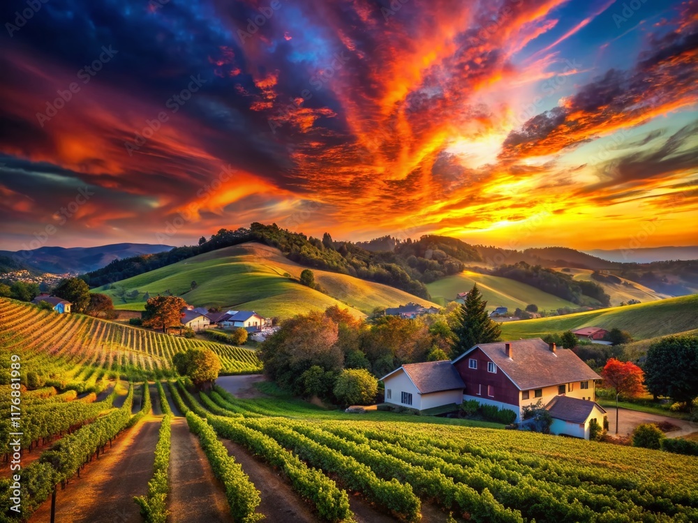 Fototapeta premium Dramatic Sonoma County Sky Panorama: Double Exposure of SOMO Village