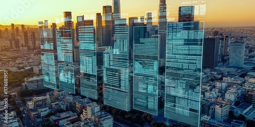 Glass Titans: Reflective Skyscrapers at Sunset in the Urban Landscape