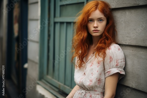 Free Download Young redhead fashion model posing near a green door in a urban setting - GFXLoad