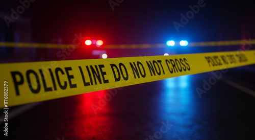 Police line, crime scene and night with caution tape, danger and investigation. Safety, security and law enforcement for accident or emergency