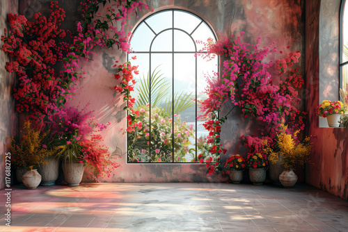 Maternity backdrop, wedding backdrop, photography background with delicate flowers arch and vintage wall.
