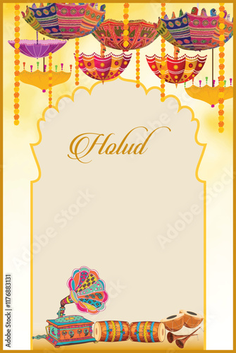 Traditional Indian Wedding card, Wedding Invitation Design, Dhol, Umbrella, Flowers, Watercolor background, Holud Invitation,Haldi.