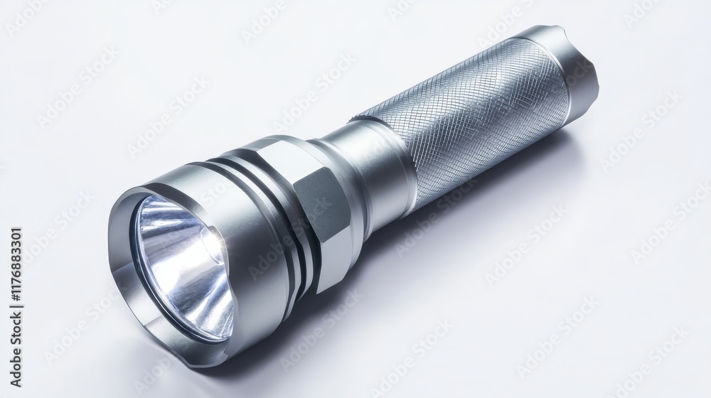 Photo of an empty silver flashlight, isolated on a white background with no shadows or highlights. Photo of an empty silver flashlight, isolated on a white background with no shadows or highlights.