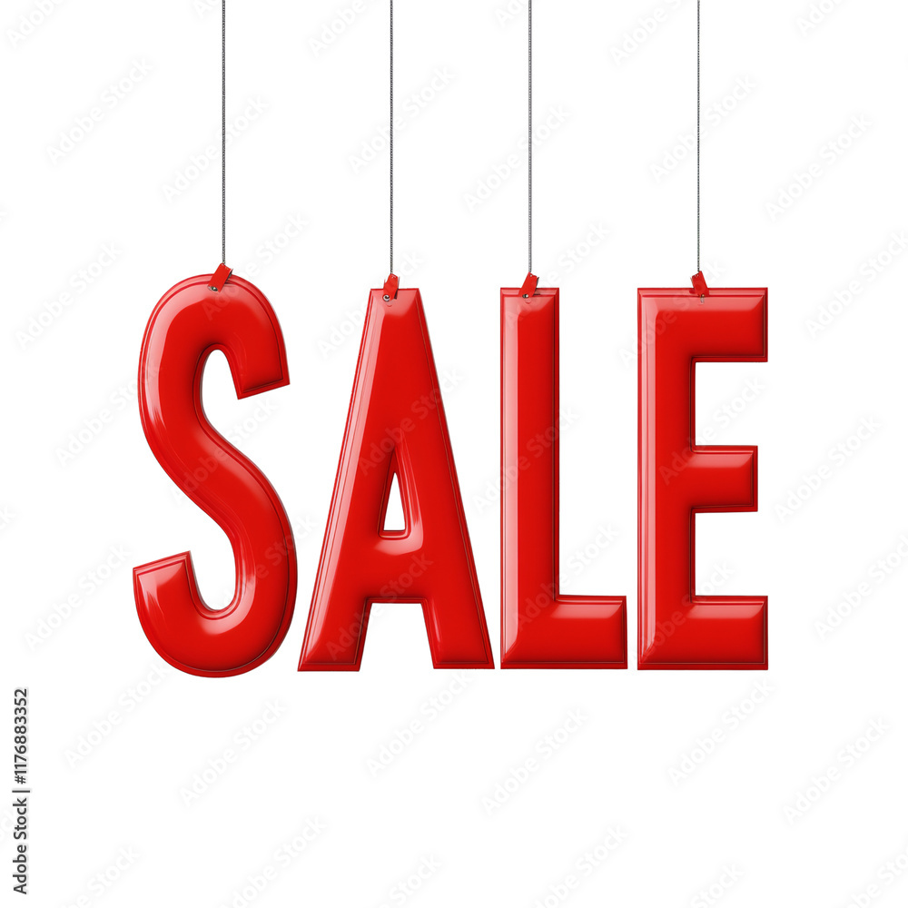 The image shows four large red glossy letters spelling SALE hanging from strings against a plain white background. The image shows four large red glossy letters spelling SALE hanging from strings against a plain white background.