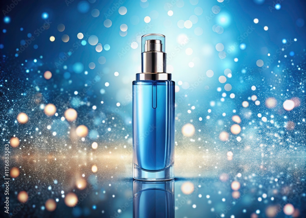 Naklejka premium Double Exposure Cosmetic Bottle, Sleek Blue Bottle, Pastel Gradient Background, Sparkling Beauty Product, Luxury Skincare, Abstract Beauty Photography