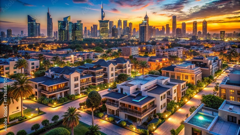 Obraz premium Dubai Zabeel Villas Night to Day Timelapse Aerial Photography - Skyscrapers & Urban Exploration