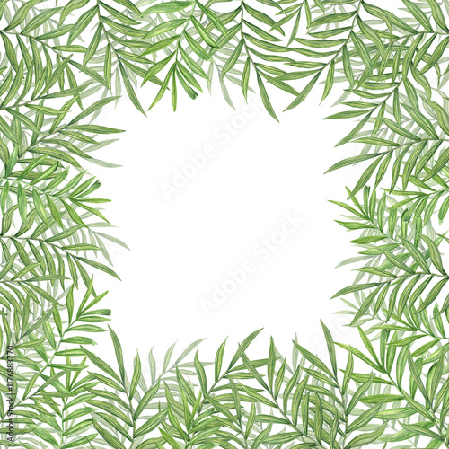Tropical leaves watercolor frame with copy space for text. Jungle bamboo branches with green leaves summer illustration. Floral border for greeting card, wedding invitation, package designTropical lea