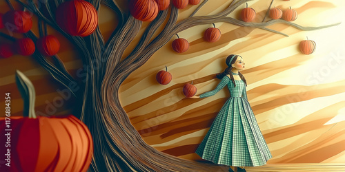 Enchanted Orchard Lady in Flowing Green Dress Amidst Artistic Apple Trees