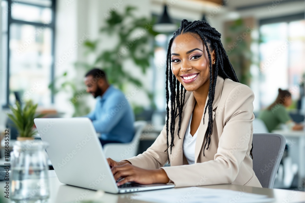 Woman in a beige blazer, typing on a laptop, sitting in a bright office with plants. Concept of professionalism, teamwork, and productivity. Ai generative Woman in a beige blazer, typing on a laptop, sitting in a bright office with plants. Concept of professionalism, teamwork, and productivity. Ai generative
