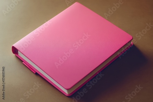 Bright Pink Notebook on Dark Beige Background Perfect for Creative Projects and Stationery Photography photo