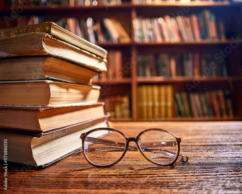 Close-up of glasses and piled books on the library's antique wooden table