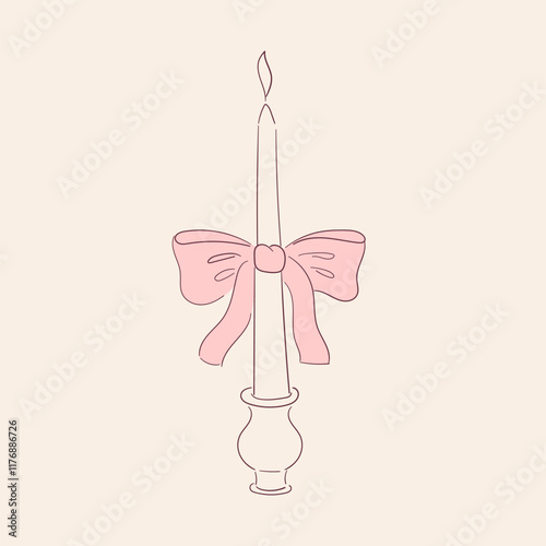Vintage candle holder in contemporary line art style. Hand drawn elegant candlestick with pink coquette bow. Ornate vector illustration for card, poster, print design
