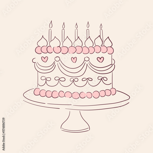 Hand drawn line art illustration of cute cake with candles. Coquette dessert for valentine day, birthday, wedding. Outline scribble pastry. Vector graphic