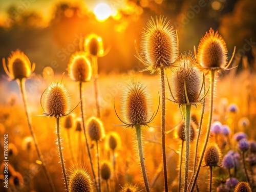 Long Exposure Photography of Dried Teasel Flowers in Autumn Meadow