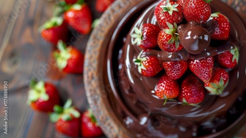 Chocolate-covered strawberries arranged in a cascading fountain perfect for luxurious dessert displays or event catering presentations.
