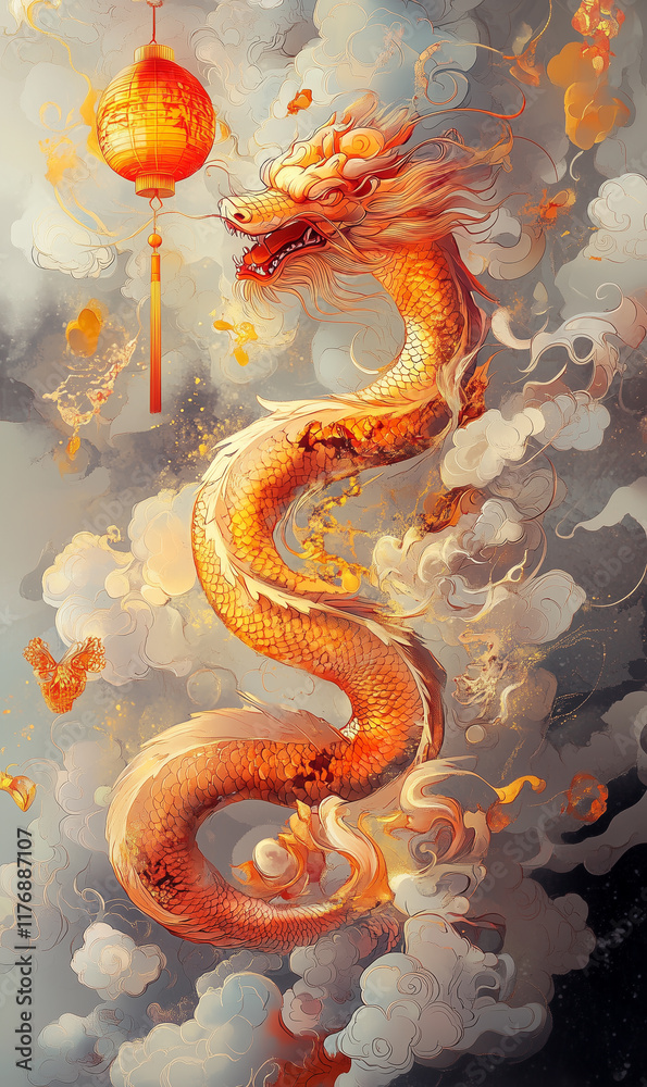 Obraz premium Enchanting 2025 Lunar New Year Celebration: Abstract Creative Snake Zodiac Design with Floral Motifs, Lanterns, and Red-Gold Elements. Artistic UI Background for Festive Marketing, Web Posters