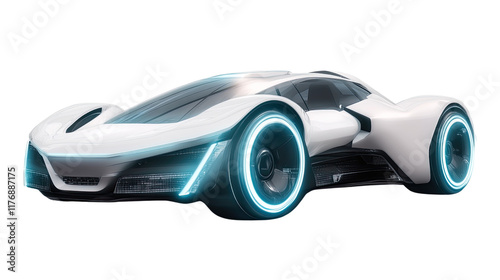 Futuristic Sports Car: Sleek, white electric concept car with glowing cyan rims, embodying innovation and speed. A symbol of tomorrow's automotive design.  photo