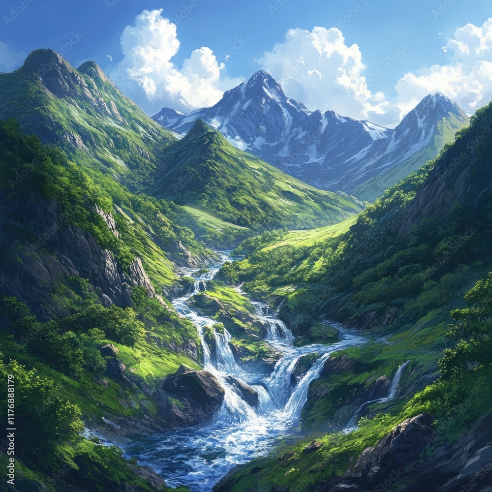 Obraz premium Serene mountain valley with cascading waterfalls and lush greenery under a bright sunny sky.