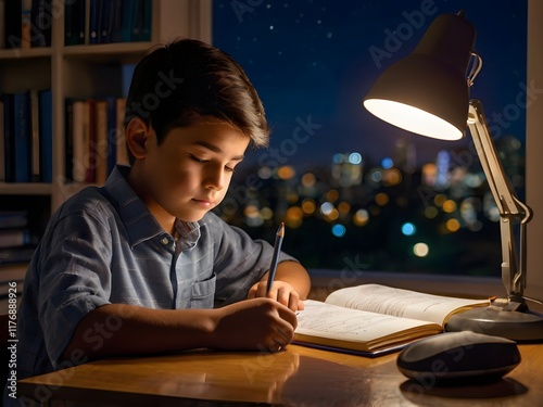 a boy is studying at his study table in his room at night