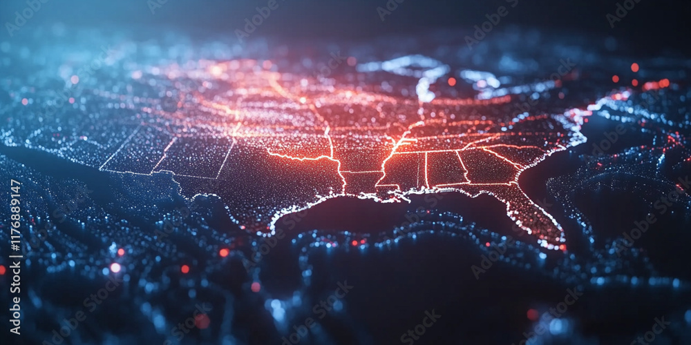 Fototapeta premium Futuristic State Map with Glowing Tech Lights and Digital Grid Design
