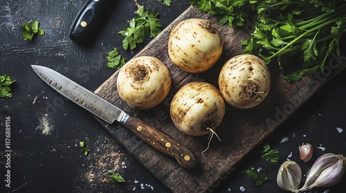 A group of rutabagas isolated on an old chopping block, with a rustic knife and scattered vegetable scraps for a farm-to-table atmosphere